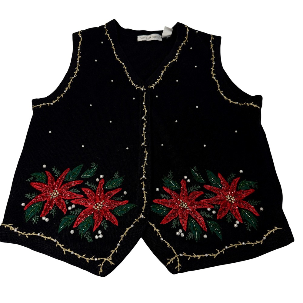 Victoria Jones Poinsettia Beaded Christmas Sweater Vest Black Excellent Womens L